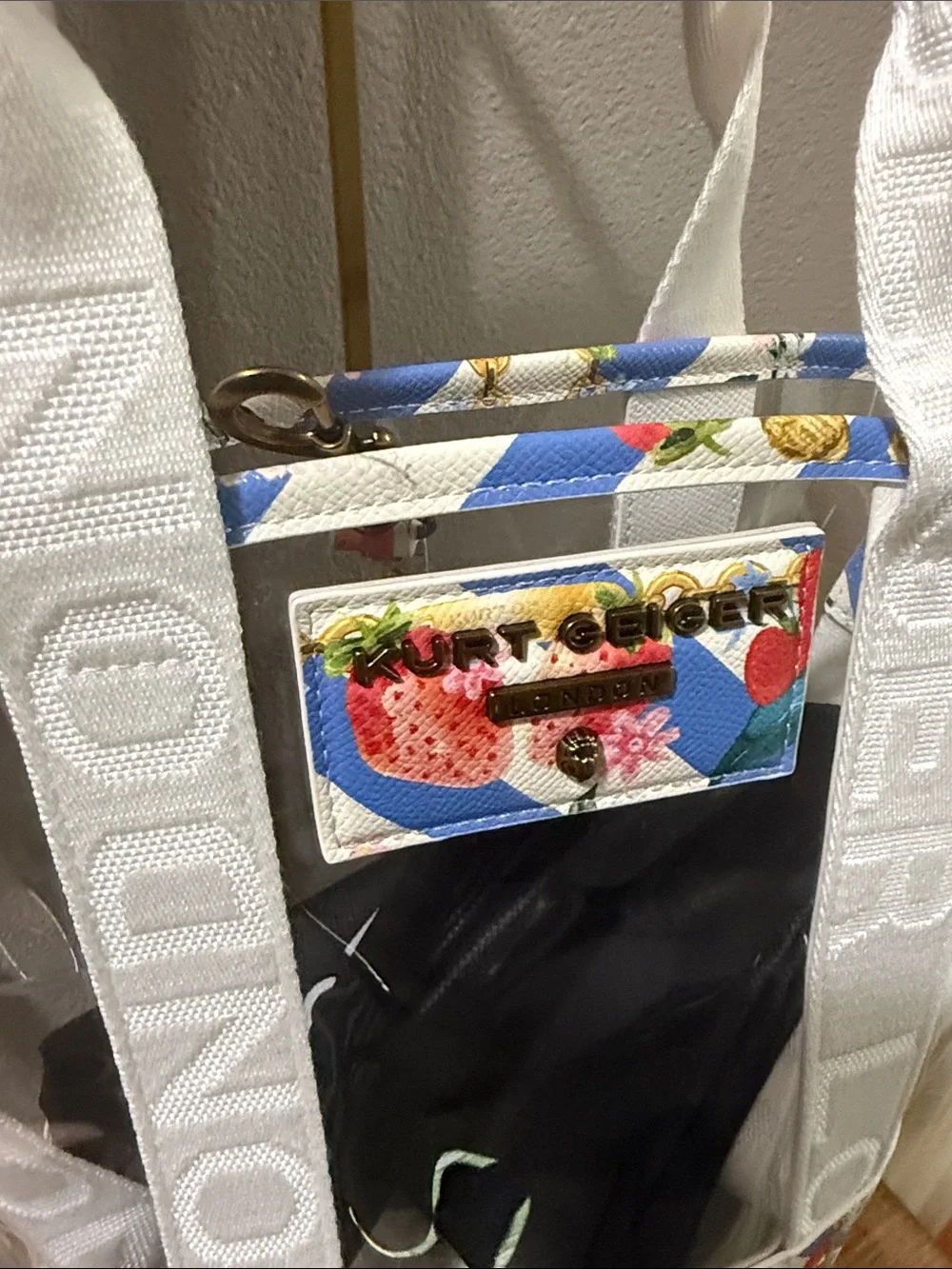 Kurt Geiger Clear Tote with White Straps and Strawberry Print